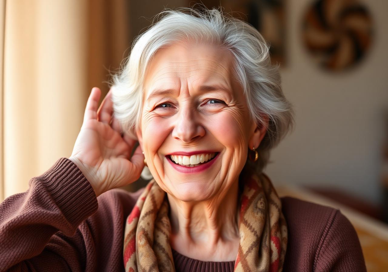 Happy senior woman hearing clearly after using Zeneara ear support supplement